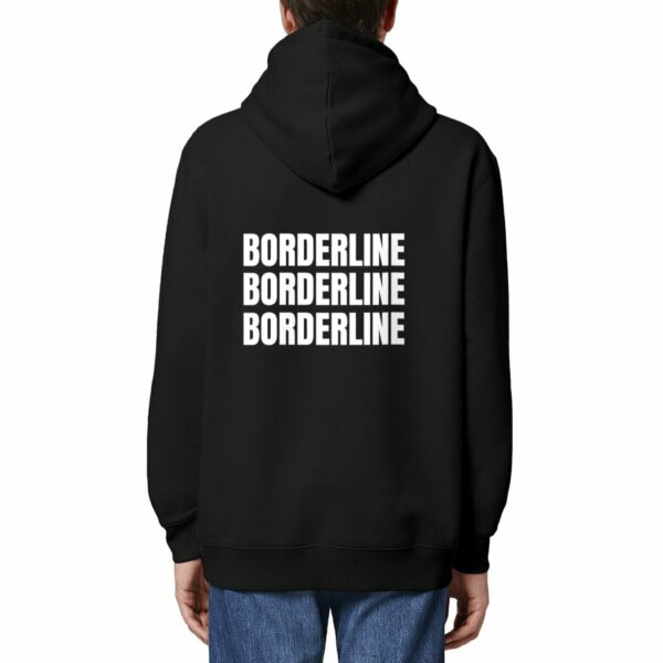 Hoodie Unisexe Borderline - Hoodie dans le merch Borderline - noir écriture blanche - de dos : écrit Borderline 3x